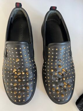 Gucci Black Leather Studded Slip-On Loafers with Gold & Silver Accents